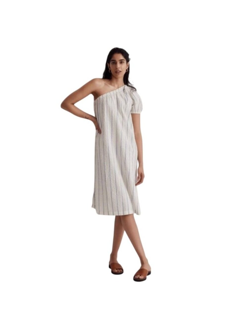 Madewell Seersucker One-Shoulder Puff-Sleeve Midi Dress Blue Stripe NJ887 XL
